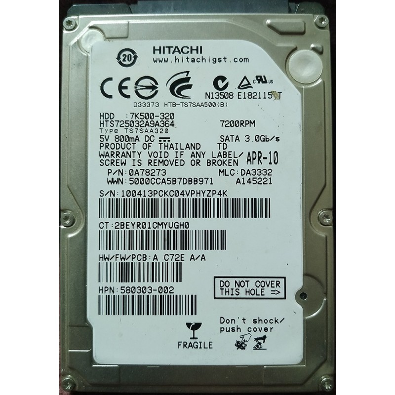 Hitachi HTS725032A9A364 320 GB SATA 2.5" Harddisk (Arızalı -