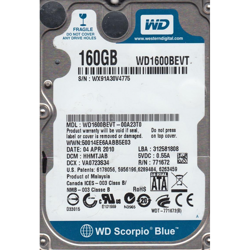 Western Digital WD1600BEVT 160 GB SATA 2.5" Harddisk (Arızalı -